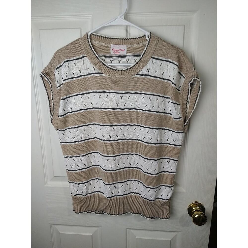 Carriage Court Classics Woman L* Sweater Short Sleeve Brown White Striped...
